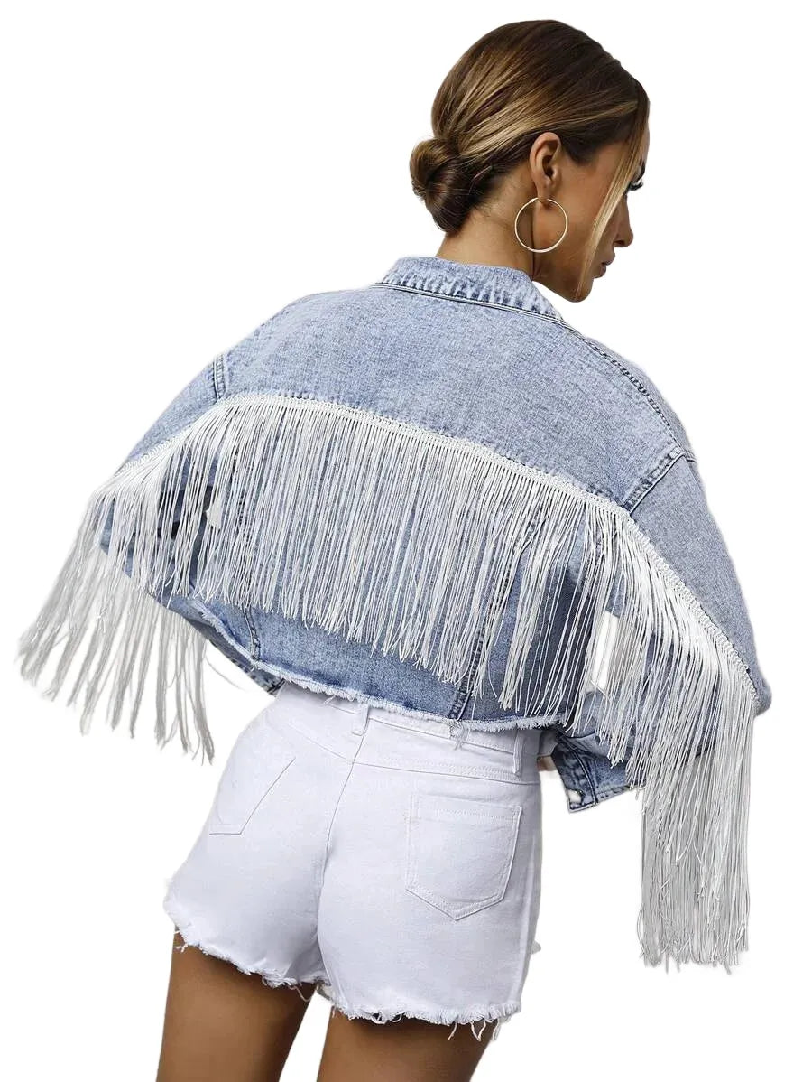 Frenchy Fringe Raw Hem Button Front Crop Denim Jacket