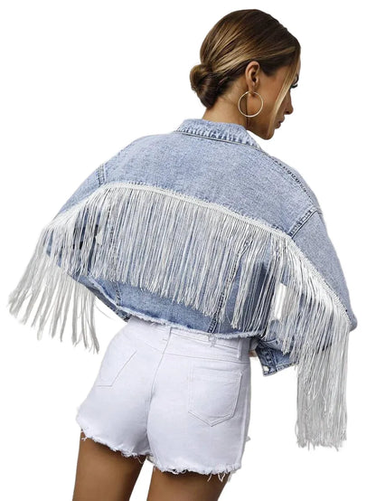 Frenchy Fringe Raw Hem Button Front Crop Denim Jacket