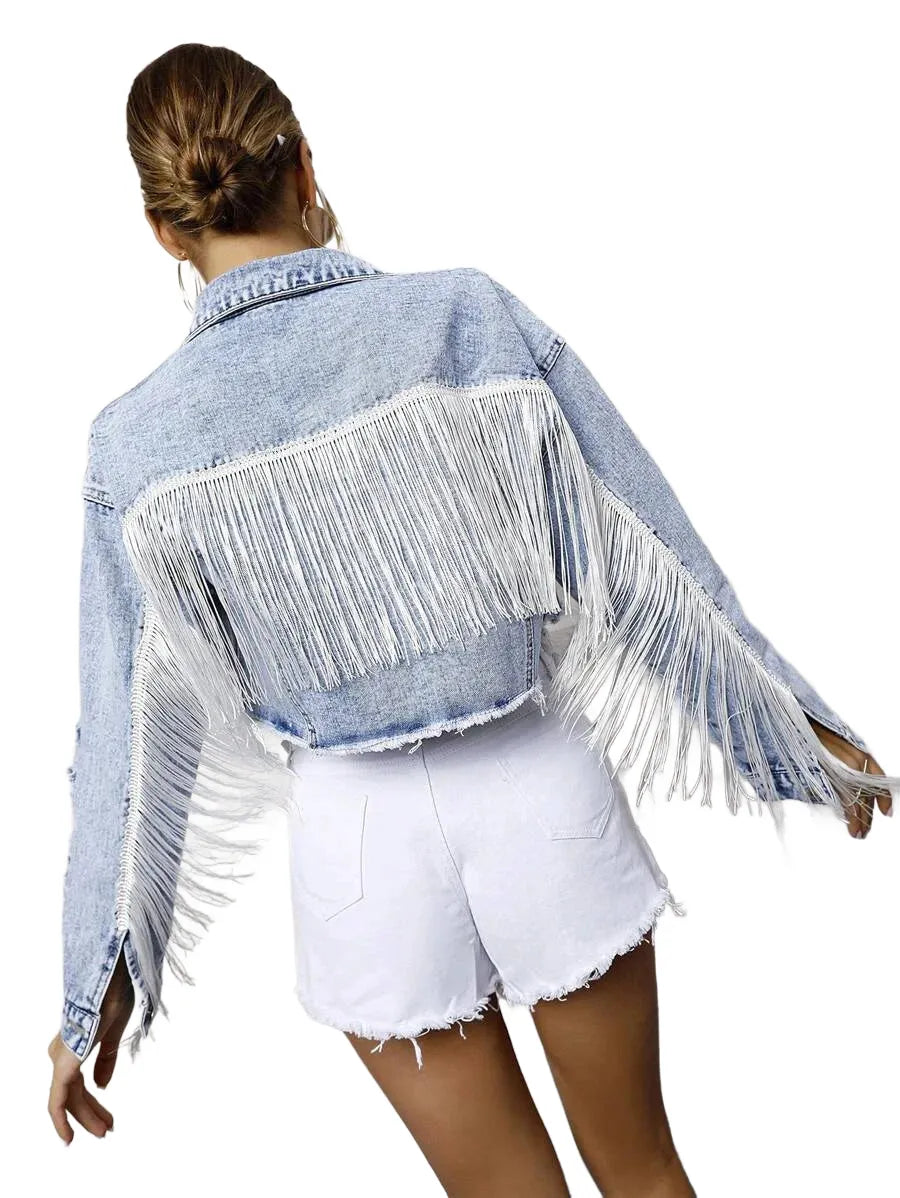 Frenchy Fringe Raw Hem Button Front Crop Denim Jacket