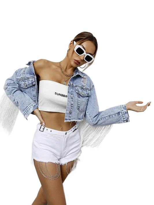 Frenchy Fringe Raw Hem Button Front Crop Denim Jacket