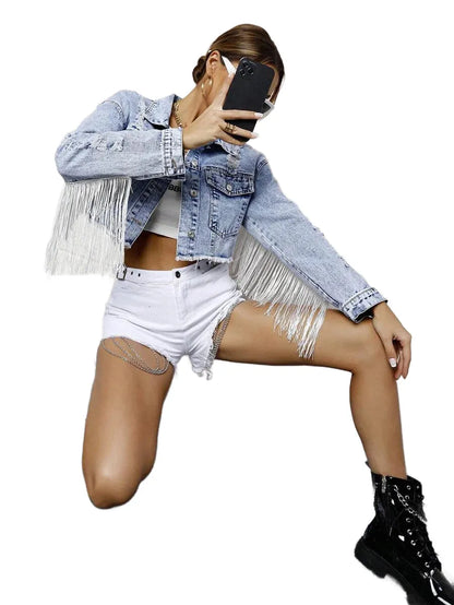 Frenchy Fringe Raw Hem Button Front Crop Denim Jacket