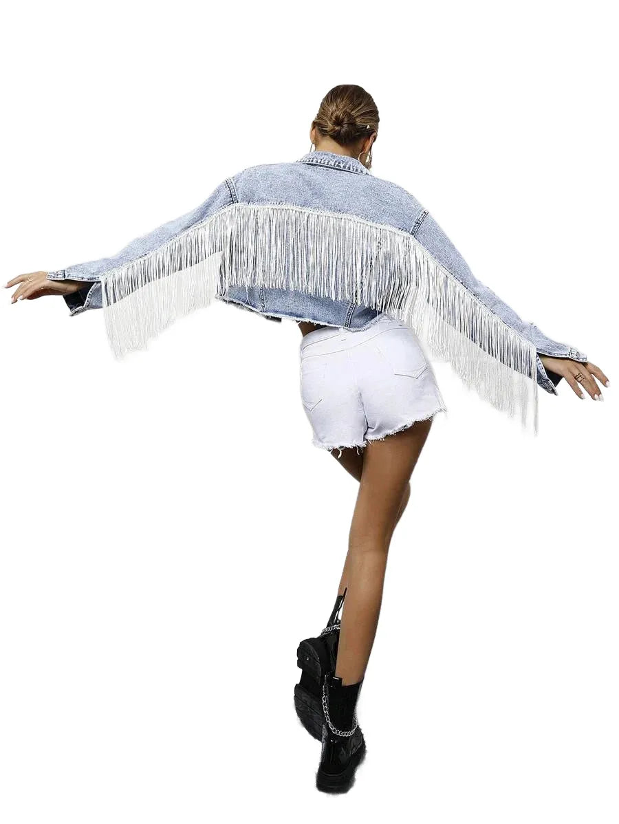 Frenchy Fringe Raw Hem Button Front Crop Denim Jacket