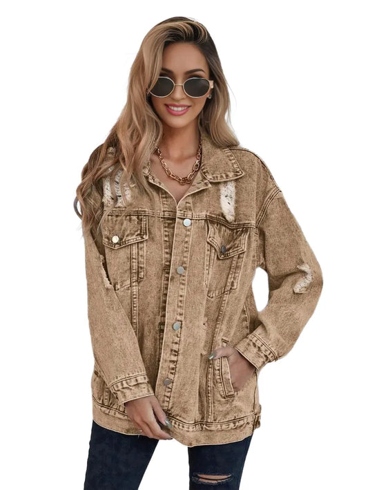 Frenchy Womens Drop Shoulder Long Sleeve SingleBreasted Casual Distressed Denim Jacket