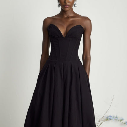 Freya Black Corset Midi Dress with Off-Shoulder Design and Pleated Detailing