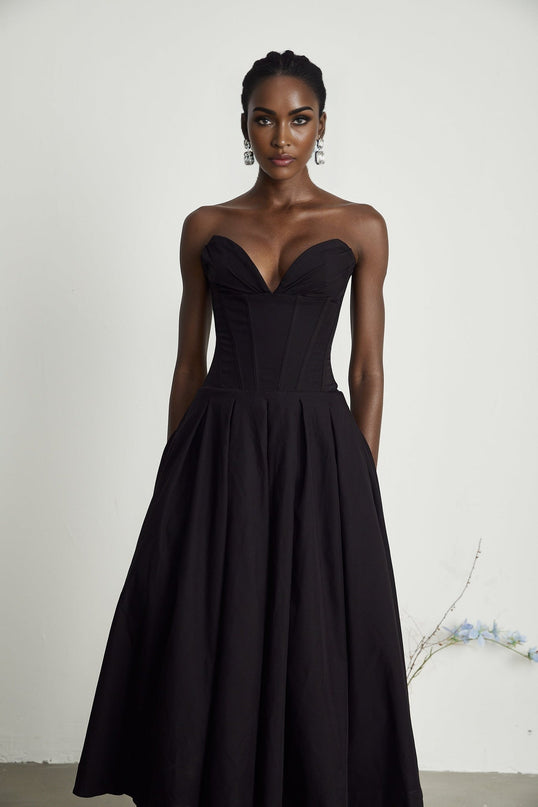Freya Black Corset Midi Dress with Off-Shoulder Design and Pleated Detailing