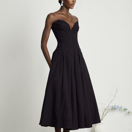 Freya Black Corset Style Midi Dress with V-Neck and Off-Shoulder Design