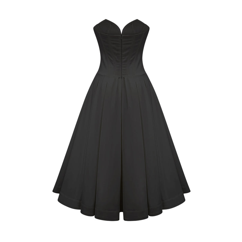 Freya Black Midi Dress with V-Neck and Off-Shoulder Design