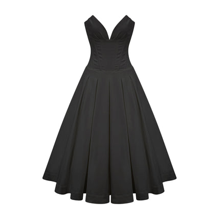 Freya Black Midi Dress V-neck Off-shoulder Corset Bodice Pleated Detailing Inset Pockets Luxurious Blend Comfort Allure Special Occasion Evening Soirée