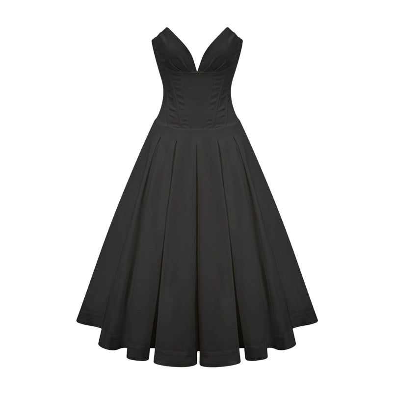 Freya Black Midi Dress V-neck Off-shoulder Corset Bodice Pleated Detailing Inset Pockets Luxurious Blend Comfort Allure Special Occasion Evening Soirée