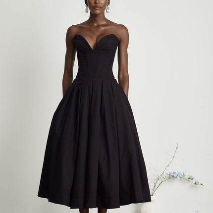 Freya Black Midi Dress V-neck Off-Shoulder Corset Bodice Pleated Detailing Inset Pockets Luxurious Blend