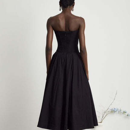 Freya Black Midi Dress V-neck Off-shoulder Corset Style Pleated Detailing Inset Pockets Luxurious Blend Comfort Allure Special Occasion Evening Soiree