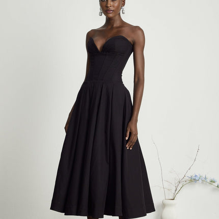 Freya Black Midi Dress with V-neck and off-shoulder design