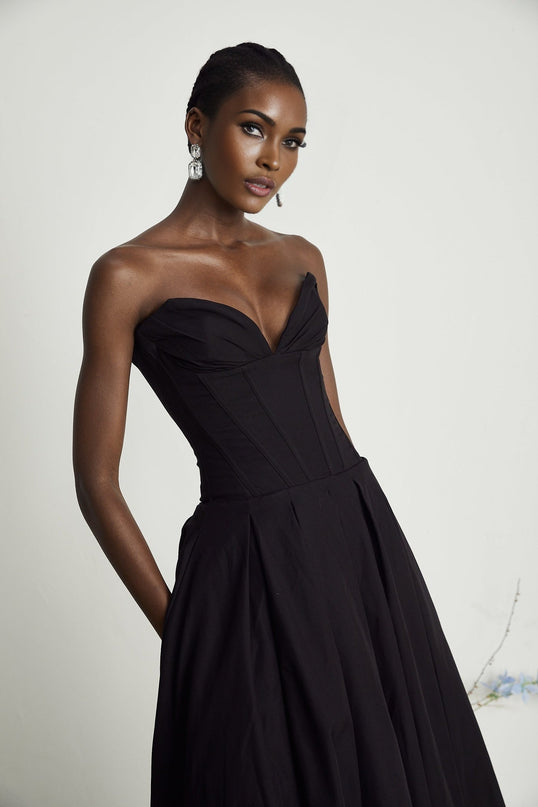 Freya Black Corset Style V-Neck Off-Shoulder Midi Dress with Pleated Detailing and Side Pockets