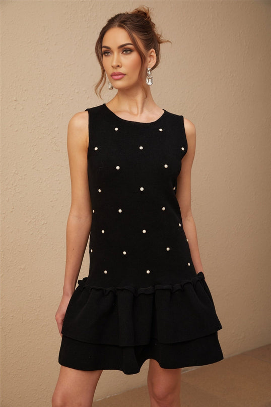Freya Black Mini Dress with Peplum Hem and Bead Embellishments