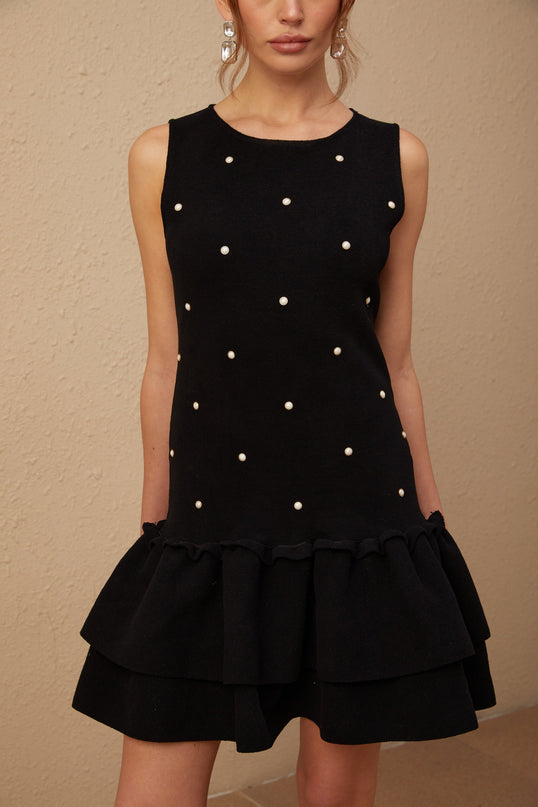 Freya Black Mini Dress with Peplum Hem and Bead Embellishments