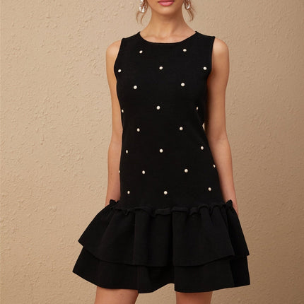 Freya Black Peplum Hem Beaded Mini Dress Sleeveless Scoop Neck Stretch Knit Textured Finish
