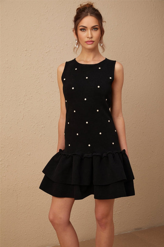 Freya Black Peplum Hem Beaded Mini Dress Sleeveless Scoop Neck Stretch Knit Textured Finish