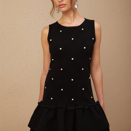 Freya Black Peplum Hem Mini Dress with Bead Embellishments