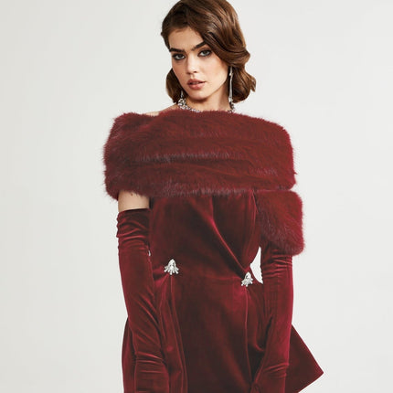 Freya Red Velvet Mini Dress with Faux-Fur Collar and Diamond Decoration