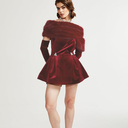 Freya Red Velvet Mini Dress with Faux-Fur Collar and Diamond Decoration