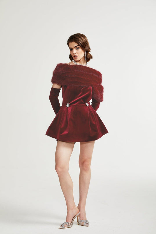 Freya Red Velvet Mini Dress with Faux-Fur Collar and Diamond Decoration