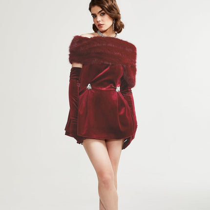 Freya Red Velvet Mini Dress with Faux-Fur Collar and Diamond Decoration