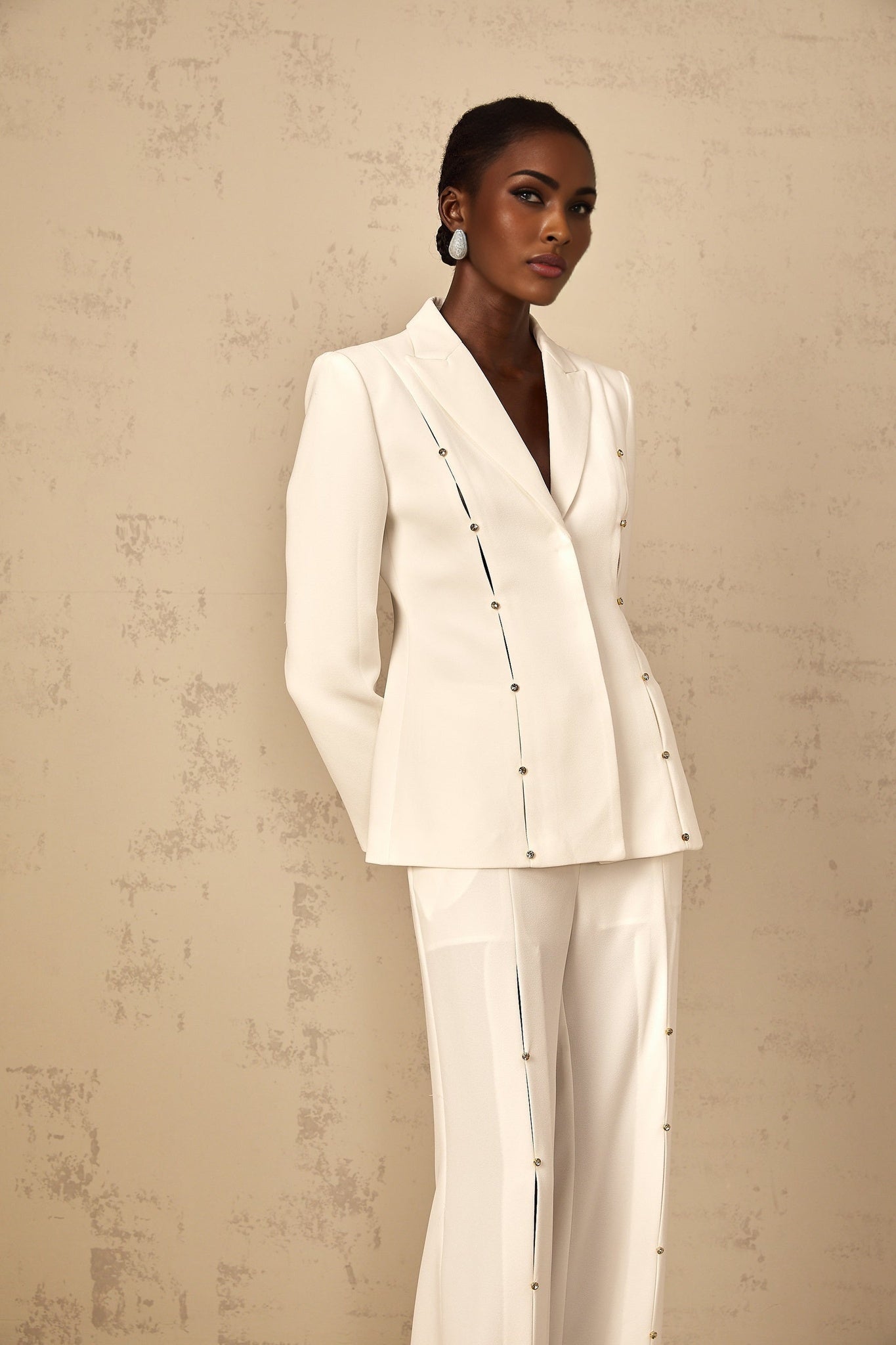 Frida embellished blazer and trouser pant set in light color with decorative details and matching suit jacket and pants