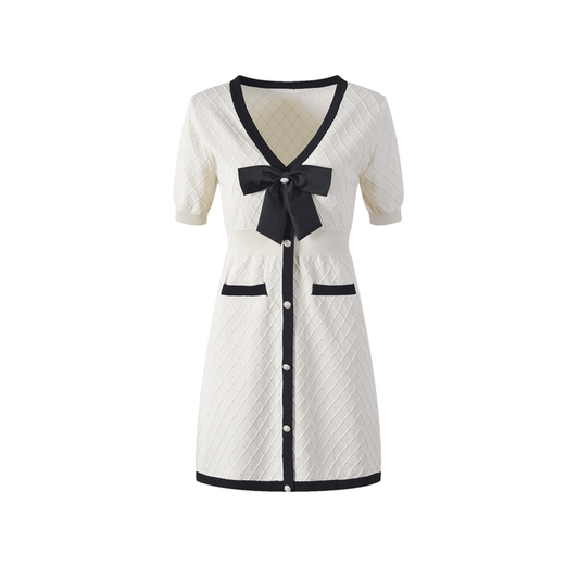 Clarissa Mini Dress - V Neckline - Short Sleeves - Bowknot Detailing - Knitted Construction Jacqueline van Hoef