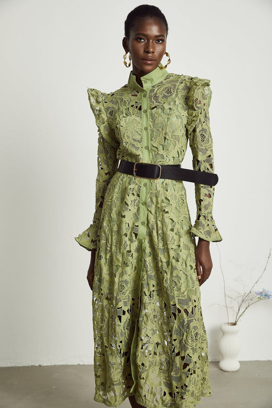 Gabriela Green Floral Midi Dress with Embroidery and Belted Waist