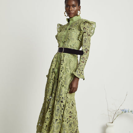 Gabriela Green Floral Midi Dress Embroidered Belted Waist Long Sleeves Cut-Out Design