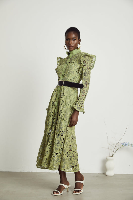 Gabriela Green Floral Midi Dress Embroidered Belted Waist Long Sleeves Cut-Out Design
