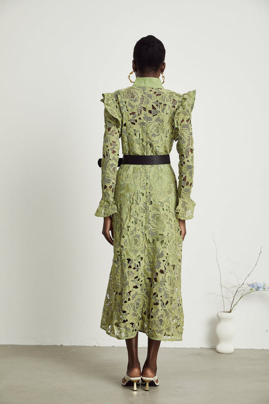 Gabriela Green Floral Midi Dress Embroidered Belted Waist Long Sleeve Cut Out Design Button Fastening Internal Slip 100% Terylene