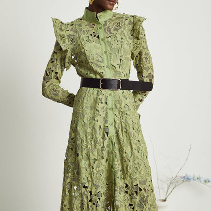 Gabriela Green Floral Midi Dress Embroidered Belted Waist Long Sleeves Cut-Out Design Button Fastening Internal Slip 100% Terylene