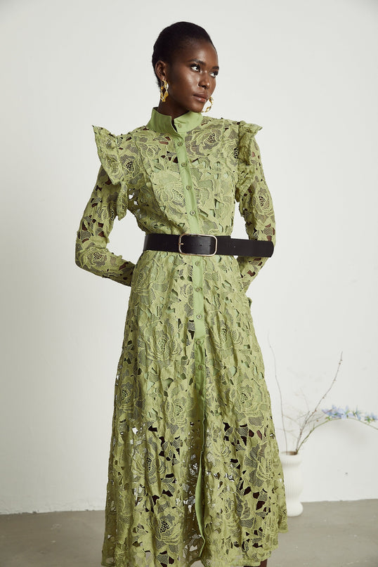 Gabriela Green Floral Midi Dress Embroidered Belted Waist Long Sleeves Cut-Out Design Button Fastening Internal Slip 100% Terylene