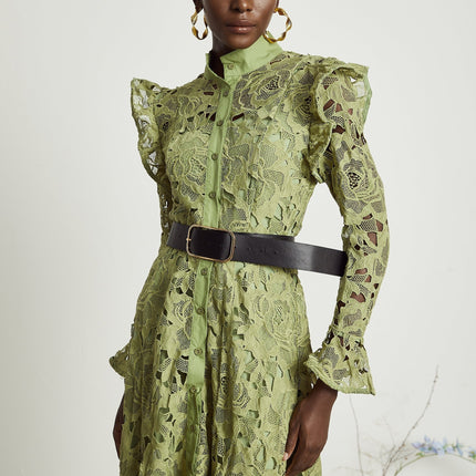 Gabriela Green Floral Midi Dress Embroidered Chic Cut-Out Design Long Sleeve Belted Waist