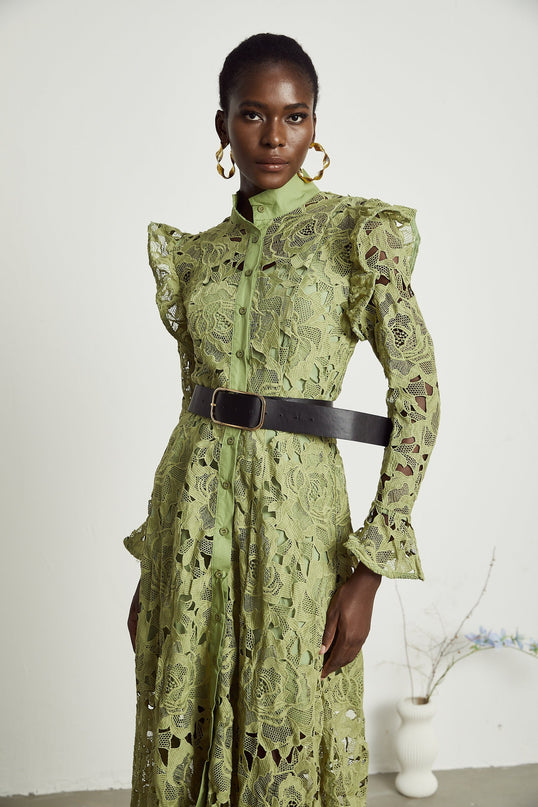 Gabriela Green Floral Midi Dress Embroidered Chic Cut-Out Design Long Sleeve Belted Waist
