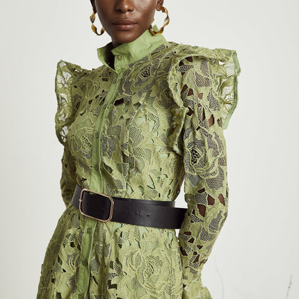 Gabriela Green Floral Midi Dress Embroidered Belted Waist Long Sleeve Cut-Out Design Button Fastening Internal Slip 100% Terylene