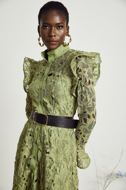 Gabriela Green Floral Midi Dress Embroidered Belted Waist Long Sleeve Cut-Out Design Button Fastening Internal Slip 100% Terylene