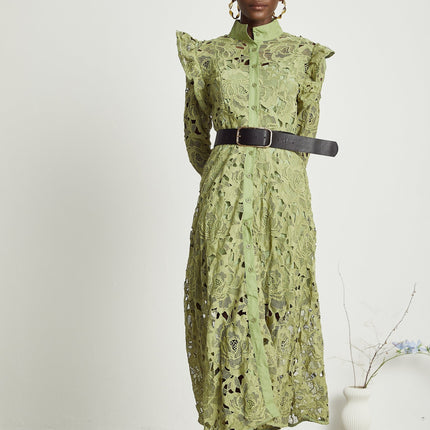 Gabriela Green Floral Midi Dress Embroidered Belted Waist Long Sleeves Cut-Out Design Button Fastening Internal Slip 100% Terylene