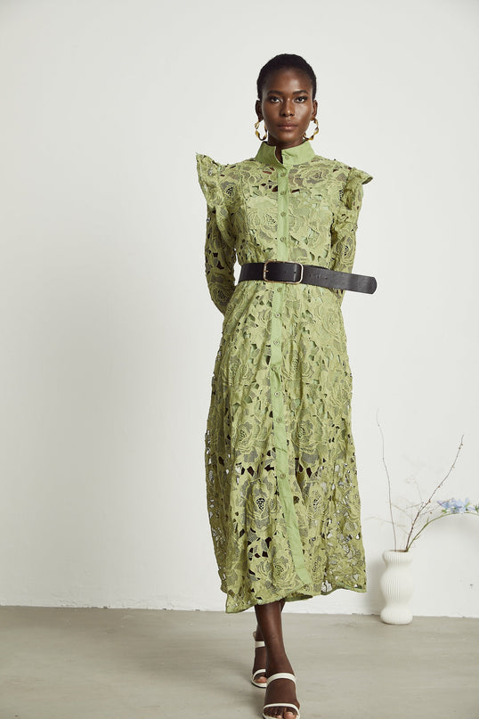 Gabriela Green Floral Midi Dress Embroidered Belted Waist Long Sleeves Cut-Out Design Button Fastening Internal Slip 100% Terylene