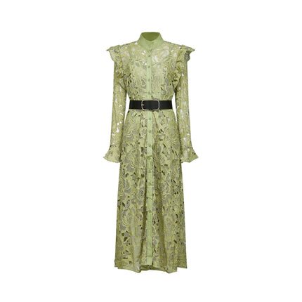 Gabriela Green Floral Midi Dress Embroidered Belted Waist Long Sleeves