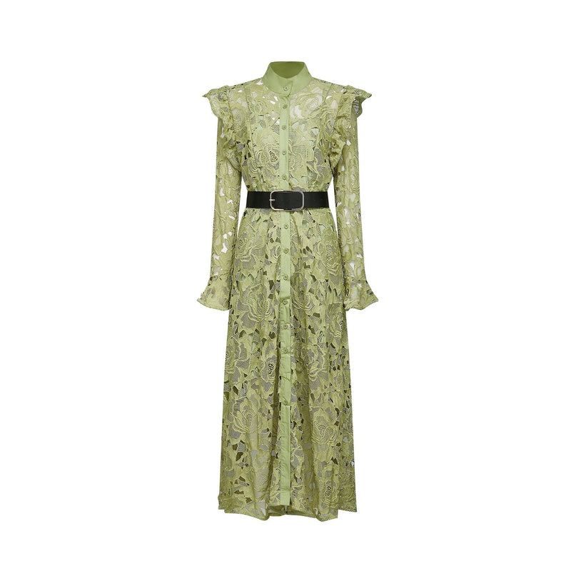 Gabriela Green Floral Midi Dress Embroidered Belted Waist Long Sleeves