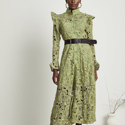 Gabriela Green Floral Midi Dress Embroidered Belted Waist Long Sleeve Cut-Out Design