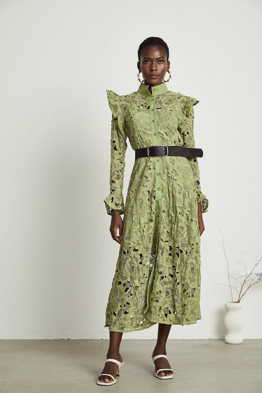 Gabriela Green Floral Midi Dress Embroidered Belted Waist Long Sleeve Cut-Out Design