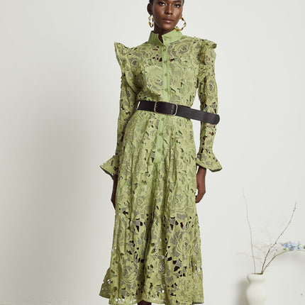 Gabriela Green Floral Midi Dress Embroidered Belted Waist Long Sleeves Cut-Out Design Button Fastening Internal Slip 100% Terylene