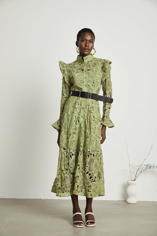 Gabriela Green Floral Midi Dress Embroidered Belted Waist Long Sleeves Cut-Out Design Button Fastening Internal Slip 100% Terylene