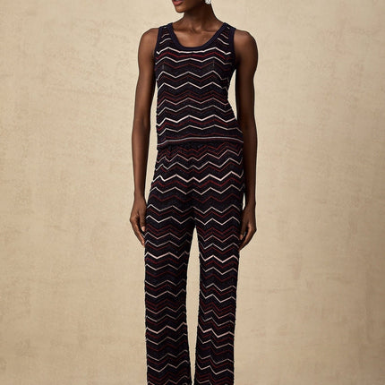 Gabriela Navy Blue & Multicolor Crochet Knit Top Trousers Set
