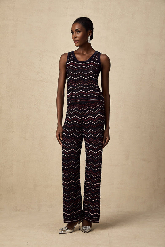 Gabriela Navy Blue & Multicolor Crochet Knit Top Trousers Set