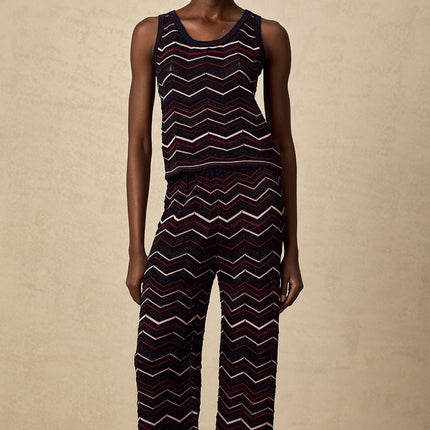 Gabriela Navy Blue & Multicolor Crochet Knit Top Trousers Zigzag Ensemble