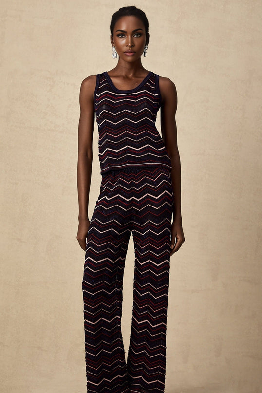 Gabriela Navy Blue & Multicolor Crochet Knit Top Trousers Zigzag Ensemble